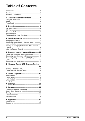 Page 22Philips · PPX2495
Table of Contents
Overview ................................................... 3
Dear Customer  ................................................................... 3
About this User Manual ..................................................... 3
1 General Safety Information ................ 4
Setting Up the Device  ........................................................ 4
Repairs ................................................................................... 4
Power Supply...