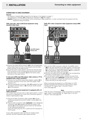 Page 1513
VCR, Laser disc, other audiovisual equipment using
standard video input
1.Connect the yellow RCA connector (K)to the corresponding
yellow Video Input terminal on the projector and the Video
output terminal on the video source.
2.To use the built-in audio system, connect the red and white
RCA connectors to the corresponding red and white Audio
Input terminals on the projector 
(L) and the Audio output
terminals on the video source.
In case your VCR, Laser Disc player, video camera or TV is
equipped...