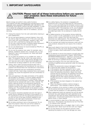 Page 31. IMPORTANT SAFEGUARDS
Electric energy can perform many useful functions. 
This projector has been engineered and manufactured to meet
applicable safety standards. IMPROPER USE CAN RESULT IN
POTENTIAL ELECTRICAL SHOCK OR FIRE HAZARDS. In order
not to defeat the safeguards incorporated into this projector,
observe the following basic rules for its installation, use and
servicing.
1.Unplug the projector from the wall outlet before cleaning or
lamp replacement.
2.Do not use liquid cleaners or aerosol...