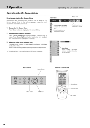 Page 1818
Operating the On-Screen Menu7.Operation
How to operate the On-Screen Menu
Press Menubutton to display the On-Screen Menu. 
Press Cursor Left/Rightbutton to select a Menu icon to
adjust. Press Cursor Up/Downbutton to select an item to adjust.
(The selected icon is highlighted in orange.)
Press OKbutton to show the Item Data. Press Cursor Left/Right
to adjust the Data. 
Refer to the following pages regarding respective adjustment. Select an item to adjust the value
Adjust the value of the selected item...