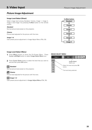 Page 3333
Picture Image Adjustment9. Video Input
Picture Image Adjustment
Image Level Select (Menu)
Press Menubutton to show the On-Screen Menu.  Press
Cursor Left/Rightbutton to select Image Select Menuicon.
Press Cursor Downbutton to select the level that you want to
set and then press OK button.
Select the level and press OK
button.
The level being selected.
IMAGE SELECT MENU
Normal picture level preset on this projector.Standard
Picture level adjusted for the picture with fine tone.Cinema
User preset...