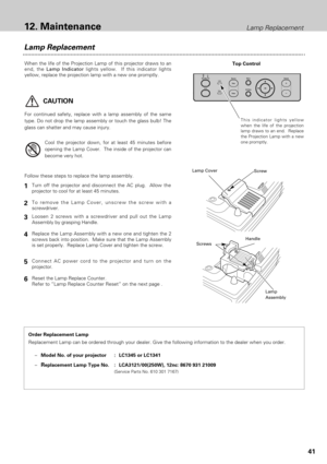 Page 4141
12. MaintenanceLamp Replacement
Lamp Replacement
When the life of the Projection Lamp of this projector draws to an
end, the Lamp Indicatorlights yellow.  If this indicator lights
yellow, replace the projection lamp with a new one promptly.
Turn off the projector and disconnect the AC plug.  Allow the
projector to cool for at least 45 minutes.
Loosen 2 screws with a screwdriver and pull out the Lamp
Assembly by grasping Handle.
1
3
Replace the Lamp Assembly with a new one and tighten the 2
screws back...