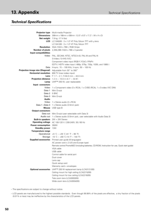 Page 5050
13. AppendixTechnical Specifications
Technical Specifications
LC1345/00 : 3 x 1.0 HT Poly Silicon TFT with µlens
Multi-media Projector
7.9 kg  (17.4 lbs)
306mm x 166mm x 436mm  (12.0 x 6.5 x 17.2 )  (W x H x D) 
XGA (1024 x 768 ), RGB Stripe
2,359,296 (1024 x 768 x 3 panels)
PAL, SECAM, NTSC, NTSC4.43, PAL-M and PAL-N
H-sync. 15 ~ 100 KHz, V-sync. 50 ~ 100 Hz
Adjustable from 30” to 300
”
800 TV lines (video input)
2W + 2W Stereo
+5 ˚C ~ +35 ˚C (41 ˚F ~ 95 ˚F)
-10 ˚C ~ +60 ˚C (14 ˚F ~ 140 ˚F)
Printed...