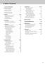 Page 55
2. Table of Contents
Important Safeguards . . . . . . . . . . . . . . . . . . 2Video Input . . . . . . . . . . . . . . . . . . . . . . . . 31-35
Selecting Input Source . . . . . . . . . . . . . . . . . . 31
Direct Operation . . . . . . . . . . . . . . . . . . . . . 31
Menu Operation . . . . . . . . . . . . . . . . . . . . . 31
Selecting the Video System . . . . . . . . . . . . . . 32
Video, S-Video, Input . . . . . . . . . . . . . . . . . 32
Y/Pb/Cb, Y/Pr/Cr Input . . . . . . . . . . . . . . . . . 32...