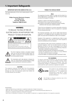 Page 22
1.Important Safeguards
RISK OF ELECTRIC SHOCK.
DO NOT REMOVE SCREWS
EXCEPT SPECIFIED USER
SERVICE SCREW.
CAUTION
CAUTION: TO REDUCE THE RISK OF ELECTRIC SHOCK,
DO NOT REMOVE COVER.
NO USER-SERVICEABLE PARTS EXCEPT LAMP UNIT.
REFER SERVICING TO QUALIFIED SERVICE PERSONNEL.
This bolt of lightning indicates uninsulated material
within your unit that may cause an electric shock. For
the safety of everyone in your household, please do
not remove product covering.
The exclamation point calls attention to...