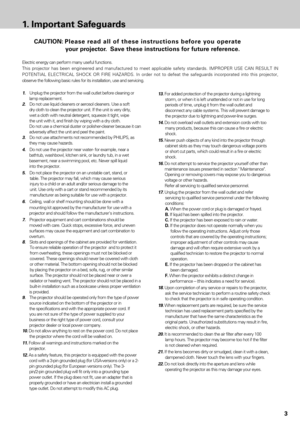 Page 33
CAUTION:Please read all of these instructions before you operate
your projector. Save these instructions for future reference.
Electric energy can perform many useful functions.
This projector has been engineered and manufactured to meet applicable safety standards. IMPROPER USE CAN RESULT IN
POTENTIAL ELECTRICAL SHOCK OR FIRE HAZARDS. In order not to defeat the safeguards incorporated into this projector,
observe the following basic rules for its installation, use and servicing.
1.    Unplug the...