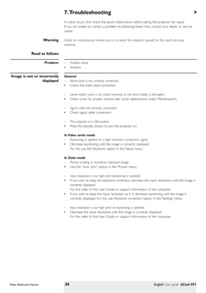 Page 34>
If a fault occurs, first check the points listed below before taking the projector for repair.
If you are unable to correct a problem by following these hints, consult your dealer or ser vice
center.
Under no circumstances should you tr y to repair the projector yourself as this could void your
warranty.
– Possible cause
•Solution
General
– Mains lead is not correctly connected.
•Check the mains lead connection.
– Lamp holder cover is not closed correctly or the lamp holder is damaged.
•Check cover for...