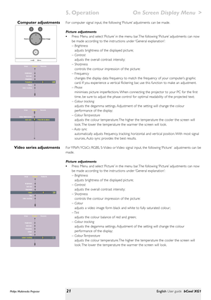 Page 21For computer signal input, the following ‘Picture’ adjustments can be made.
Picture adjustments
•Press Menu and select ‘Picture’ in the menu bar. The following ‘Picture’ adjustments can now
be made according to the instructions under ‘General explanation’:
– Brightness
adjusts brightness of the displayed picture;
– Contrast
adjusts the overall contrast intensity;
– Sharpness
controls the contour impression of the picture:
– Frequency
changes the display data frequency to match the frequency of your...