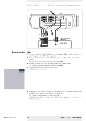 Page 17<
RGBS
1Connect an optional Scar t/RCA Component Video adapter (1)to the Scar t connector of
your Component- or HDTV-video equipment 
2Connect the Component in sockets of the projector to the R, G and B outputs of the
adapter.
For this, use the audio/video connection cable supplied (2).
3Connect the Video input of the projector to the Y output of the adapter.
For this, use an optional audio/video connection cable (3).
4Select ‘RGBS’input by pressing the Source button.
–‘RGBS’appears on the screen.
5If...