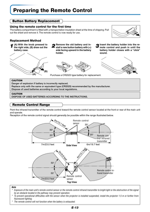 Page 14E-13
Using the remote control for the first time
The battery compartment is fitted with a transportation insulation sheet at the time of shipping. Pull
out the sheet and remove it. The remote control is now ready for use.
Replacement Method
1(A) With the knob pressed to
the right side, (B) draw out the
battery case.2Remove the old battery and in-
stall a new button battery with (+)
side facing upward in the battery
holder.3Insert the battery holder into the re-
mote control and push in until the
battery...