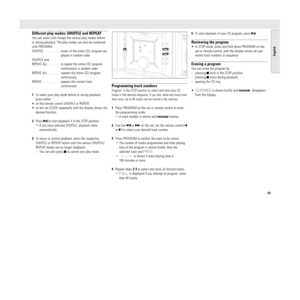 Page 1313
MZ-3 / 37  page 13
English
Different play modes: SHUFFLE and REPEATYou can select and change the various play modes before
or during playback. The play modes can also be combined
with PROGRAM.
SHUFFLE . . . . . . . . . . tracks of the entire CD/ program are
played in random order
SHUFFLE and 
REPEAT ALL . . . . . . . . to repeat the entire CD/ program
continuously in random order
REPEAT ALL . . . . . . . . repeats the entire CD/ program
continuously 
REPEAT . . . . . . . . . . . repeats the current...