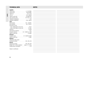 Page 16TECHNICAL DATAAmplifier
Output power . . . . . . . . . . . . . . . . . . . . . . . 2 x 15 W RMS
Output power . . . . . . . . . . . . . . . . . . . . . . . . 250 W PMPO
Digital out . . . . . . . . . . . . . . . . . . . . . . . . . . . . 0.5 V, 75 Ω
Line out . . . . . . . . . . . . . . . . . . . . . . . . . . . . 0.5 V, 1000 Ω
Signal-to-noise-ratio . . . . . . . . . . . . . . . . . ≥65 dBA (IEC)
Input sensitivity AUX . . . . . . . . . . . . . . . . 0.5 V (max. 2 V)
Impedance loudspeakers . . . . . . . . ....