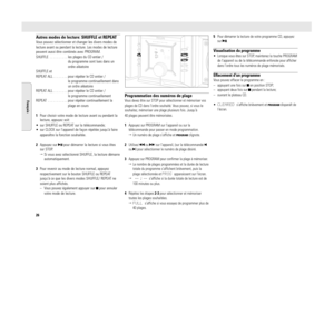Page 26Autres modes de lecture: SHUFFLE et REPEATVous pouvez sélectionner et changer les divers modes de
lecture avant ou pendant la lecture. Les modes de lecture
peuvent aussi être combinés avec PROGRAM.
SHUFFLE . . . . . . . . . . les plages du CD entier / 
du programme sont lues dans un
ordre aléatoire
SHUFFLE et 
REPEAT ALL . . . . . . . . pour répéter le CD entier / 
le programme continuellement dans
un ordre aléatoire
REPEAT ALL . . . . . . . . pour répéter le CD entier / 
le programme continuellement...