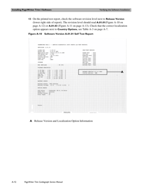 Page 160Installing PageWriter Trim I SoftwareVerifying the Software Installation
A-12PageWriter Trim Cardiograph Service Manual
13On the printed test report, check the software revision level next to Release Version 
(lower right side of report). The revision level should read 
A.01.01(Figure A-10 on 
page A-12) or 
A.01.03 (Figure A-11 on page A-13). Check that the correct localization 
option appears next to 
Country Options, see Table A-3 on page A-7.
Figure A-10 Software Version A.01.01 Self Test Report...