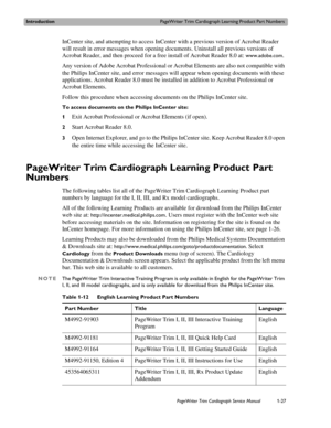 Page 37IntroductionPageWriter Trim Cardiograph Learning Product Part Numbers
PageWriter Trim Cardiograph Service Manual1-27
InCenter site, and attempting to access InCenter with a previous version of Acrobat Reader 
will result in error messages when opening documents. Uninstall all previous versions of 
Acrobat Reader, and then proceed for a free install of Acrobat Reader 8.0 at: 
www.adobe.com. 
Any version of Adobe Acrobat Professional or Acrobat Elements are also not compatible with 
the Philips InCenter...