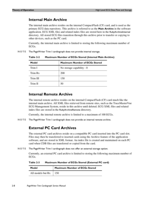 Page 52Theory of OperationHigh Level ECG Data Flow and Storage
2-8PageWriter Trim Cardiograph Service Manual
Internal Main Archive
The internal main archive resides on the internal CompactFlash (CF) card, and is used as the 
primary ECG data repository. This archive is referred to as the 
Main Archive in the software 
application. ECG XML files and related index files are stored here in the 
RubyArchiveInternal 
directory. All stored ECG files transition through this archive prior to transfer or copying to...