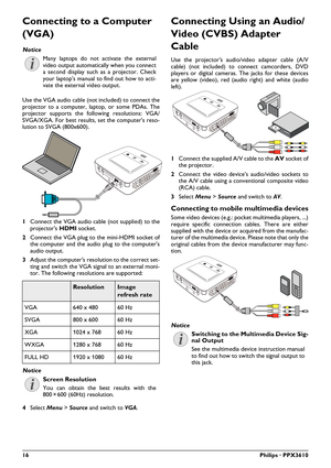 Page 1616Philips · PPX3610
Connecting to a Computer 
(VGA)
Many laptops do not activate the external 
video output automatically when you connect 
a second display such as a projector. Check 
your laptop's manual to find out how to acti
-
vate the external video output.
Use the VGA audio cable (not included) to connect the 
proj
 ector to a computer, laptop, or some PDAs. The 
projector supports the foll owing resolutions: VGA/
SVGA/XGA. For best results, set the computer's reso -
lution to SVGA...