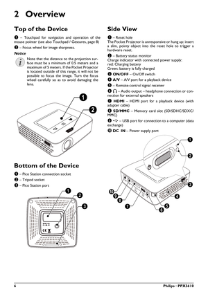 Page 66Philips · PPX3610
2Overview
Top of the Device
1 – Touchpad for navigation  and operation of the 
mouse pointer  (see also Touchpad / Gestures, page  8)
2  – Focus whe e
 l for image sharpness. 
Note that the distance to the projection sur-
face must be a minimum of 0.5 meters and a 
ma ximum of
 5 meters. If the Pocket Projector 
is located outside of this range, it will not be 
possible to focus the image. Turn the focus 
wheel carefully so as to avoid damaging the 
lens.
b
a
Bottom of the Device
1  –...