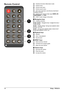 Page 1010Philips · PPX3610
Remote ControlB – Switches the device hibernation mode
\021 – Call the m e
 nu
u  – Call the main menu
v
  – Call the se arch menu
\277  – One  menu step back, one directory le vel back / 
cance
 lling a function
w  – Switch to the
 external vid
 eo input HDMI,  \005\006 , 
\f\002\t\022or  VGA 
x – DV B-T mode: change to favourites
1  
Navigation keys
\340  – Confirms selection
\023/\024 , \300/\301  – Navigat
 ion keys / navigate the menu / 
modify settings
\023/\024  – 
Modify...