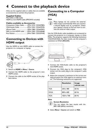 Page 12
12Philips · PPX3407 · PPX3410
4 Connect to the playback device
Only use the supplied cable or cables that are available
as accessories to connect the projector.
Supplied Cables
Mini-USB to USB Cable
Cables available as Accessories
Component Video Cable ........ (PPA 1210 / 253447083)
VGA-Audio Cable .................... (PPA 1250 / 253447070)
iPhone Cable .............................. (PPA 1280 / 253447091)
Connecting to Devices with
HDMI output
Use the HDMI to mini HDMI cable to connect the 
projector...