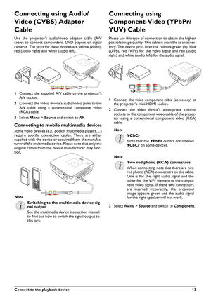 Page 13Connect to the playback device13
Connecting using Audio/ 
Video (CVBS) Adaptor Cable
Use the projectors audio/video adaptor cable (A/V 
cable) to connect camcorders, DVD players or digital 
cameras. The jacks for these devices are yellow (video), 
red (audio right) and white (audio left). 1
Connect the supplied A/V cable to the projectors 
A/V socket.
2 Connect the video devices audio/video jacks to the
A/V cable using a conventional composite video 
(RCA) cable.
3 Select Menu >Source  and switch to AV....