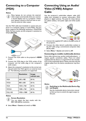 Page 1616Philips · PPX3614
Connecting to a Computer 
(VGA)
Many laptops do not activate the external 
video output automatically when you connect 
a second display such as a projector. Check 
your laptop's manual to find out how to acti
-
vate the external video output.
Use the VGA cable (not included) to connect the pro-
jector to a computer, laptop, or some PDAs. The pro-
jector supports the following resolutions: VGA/SVGA/
XGA. For best results, set the computer's resolution to 
SVGA (800x600).
VGA...