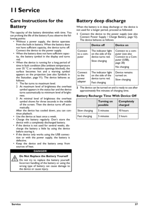 Page 37  Service 37
11Service
Care Instructions for the 
Battery
The capacity of the battery diminishes with time. You 
can prolong the life of the battery if you observe the fol-
lowing points:
• Without a power supply, the device operates 
from 
the built-in battery. When the battery does 
not have sufficient capacity, the device turns off. 
Connect the device to the power supply.
• When the battery does not have sufficient capac-
ity, the battery symbol in the display and turns 
red.
•W
hen the device is...