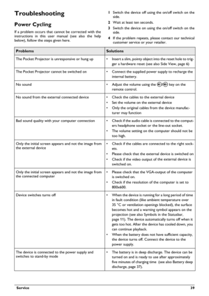 Page 39  Service 39
Troubleshooting
Power Cycling
If a problem occurs that cannot be corrected with the 
instructions in this user manual (see also the help 
below), follow the steps given here.1Switch the device off using the on/off switch on the 
side.
2Wait at least ten seconds.
3Switch the device on using the on/off switch on the 
side.
4If the problem repeats, please
 contact our technical 
customer service or your retailer.
 
ProblemsSolutions
The Pocket Projector is unresponsive or hung up • Insert a...