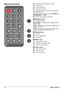 Page 1010Philips · PPX3614
Remote ControlB – Switches the device hibernation mode
 – Call the menu
u – Call the main menu
v – Call the search menu
¿ – One menu step back, one directory level back / 
cancelling a function
w – Switch to the external video input HDMI, , 

	
	 or VGA 
x – DVB-T mode: change to favourites
1 
Navigation keys
à – Confirms selection
/
, À/Á – Navigation keys / navigate the menu / 
modify settings
/
 – Modify settings / during music playback select 
previous, ne
xt title
À/Á...