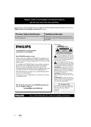 Page 64EN
Register online at www.philips.com/welcome today to  get the very most from your purchase.
 Visit our World Wide Web Site at http://www.philips.com/welcome
Registering your model with PHILIPS makes you eligible for all of the valuable benefits listed below,so don't miss out. 
Register online at www.philips.com/welcome to ensure:
*Product Safety Notification *Additional Benefits By registering your product, you'll receive notification - directly 
from the manufacturer. Registering your product...