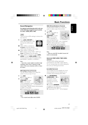 Page 1717
English
3139 115 21261
Sound Navigation
For optimal sound listening, select only one
of the following navigation sound controls
at a time : wOOx, DSC or VAC .
wOOx
There are three wOOx settings to enhance the
bass response.
1Press wOOx ON•OFF to
switch ON (enhanced) or OFF
(normal) the wOOx sound
effect.
When wOOx is switched on;
➜
WO OX and the last selected
wOOx level will appear on the display.
When wOOx is switched off;
➜The display will show "WOOX NORM" and
WO OX will disappear from the...