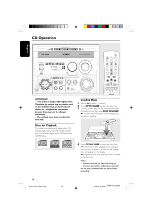 Page 1818
English
3139 115 21261
CD Operation
FW- MINI HIFI SYSTEM
DISC
CHANGEOPEN•
CLOSE
D C3CHANGER
ECO POWER
CD 1•2•3
FM •AM
CDR / DVD
TAPE 1•2
PROGDUBBING REC CLOCK•
TIMERAUTO
REPLAY
STANDBY- ON
3 DISC DIRECT PLAYDISC 3
CD SYNCHRO RECORDINGCD / CD-
R/CD-
RW COMPATIBLE
MUSIC LEVELINTERACTIVE VU METERVOLUMEVOLUME
PREVPRESETNEXTDEMO
STOP/
CLEARPLAY•
PAUSESEARCH•TUNING
DISC 2DISC 1
CDTUNER
TAPE AUX
DISPLAY
ON•OFF LEVELWO OX
SOUNDNAVIGATION - JOG
SOURCE
WOOX
DYNAMIC
AMPLIFICATION
CONTROL
SURROUNDVAC
DSC...