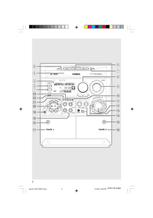 Page 33
3139 115 212613
FW- MINI HIFI SYSTEM
DISC
CHANGEOPEN •
CLOSE
D C3CHANGER
ECO POWER
CD 1•2•3
FM •AM
CDR / DVD
TAPE 1•2
PROGDUBBING REC CLOCK•
TIMERAUTO
REPLAY
STANDBY- ON
3 DISC DIRECT PLAYDISC 3
CD SYNCHRO RECORDINGCD / CD-
R/CD-
RW COMPATIBLE
MUSIC LEVELINTERACTIVE VU METERVOLUMEVOLUME
SURROUNDVAC
DSC
TA PE 1
TA PE 2
PREVPRESETNEXTDEMO
STOP/
CLEARPLAY•
PAUSESEARCH•TUNINGINCREDIBLE
DISC 2DISC 1
1
2
3
4
56
7
8
9
0
$
%
^&
%
*
(
)
¡
™
£
SOUNDNAVIGATION - JOG
CD
TUNER
TAPE AUX
SOURCE
DISPLAY
ON • OFF...