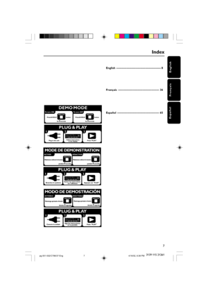 Page 77
English
Français
Español
3139 115 21261 English ------------------------------------------------ 8
Index
Français -------------------------------------------- 36
Español --------------------------------------------- 65
pg 001-032/C798/37-Eng 4/16/02, 6:38 PM7 