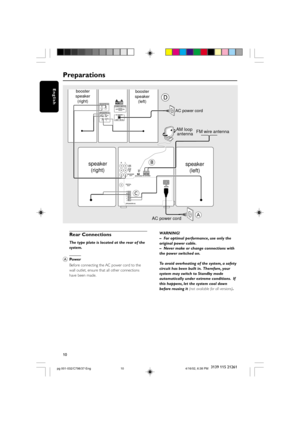 Page 1010
English
3139 115 21261
Preparations
Rear Connections
The type plate is located at the rear of the
system.
APow e r
Before connecting the AC power cord to the
wall outlet, ensure that all other connections
have been made.WARNING!
–For optimal performance, use only the
original power cable.
–Never make or change connections with
the power switched on.
To avoid overheating of the system, a safety
circuit has been built in.  Therefore, your
system may switch to Standby mode
automatically under extreme...