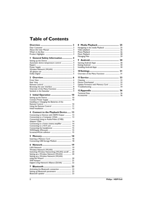 Page 22Philips · HDP15x0
Table of Contents
Overview ................................................... 3
Dear Customer  ................................................................... 3About this User Manual ..................................................... 3What's in the Box  ............................................................... 3Product Highlights  .............................................................. 3
1 General Safety Information ................ 4
Setting up the Device...