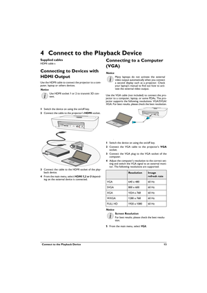 Page 13  Connect to the Playback Device  13
4 Connect to the Playback Device
Supplied cables
HDMI cable s
Connecting to Devices with 
HDMI Output
Use the HDMI cable to connect the projector to a com-puter, laptop or others devices.
1Switch the device on using the on/off key.
2Connect the cable to the projector's HDMI socket. 
3Connect the cable to the HDMI socket of the play-back device.
4From the main menu, select HDMI 1,2 or 3 depend-ing on the external device is connected.
Connecting to a Computer...