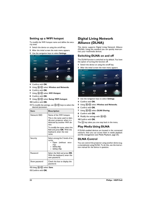 Page 2222Philips · HDP15x0
Setting up a WiFI hotspot
To modify the WiFi hotspot name and define the secu-rity level.
1Switch the device on using the on/off key.
2After the initial screen the main menu appears.
3Use the navigation keys to select Settings.
4Confirm with .
5Using / select Wireless and Networks.
6Confirm with .
7Using / select WiFi Hotspot.
8Confirm with .
9Using / select Setup WiFi hotspot.
10Confirm with .
11To modify the settings, use / keys to select the 
desired parameter....