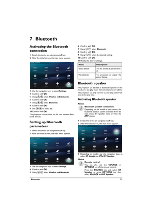 Page 23  Bluetooth 23
7 Bluetooth
Activating the Bluetooth 
connection
1Switch the device on using the on/off key.
2After the initial screen, the main menu appears.
3Use the navigation keys to select Settings. 
4Confirm with .
5Using / select Wireless and Networks.
6Confirm with .
7Using / select Bluetooth.
8Confirm with .
9Use / to select on.
10Confirm with .
The projector is now visible for the near external Blue-tooth devices.
Setting up Bluetooth 
parameters
1Switch the device on using the...