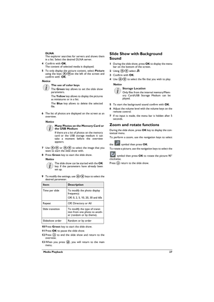 Page 27  Media Playback 27
DLNA The explorer searches for servers and shows them 
in a list. Select the desired DLNA server.
4Confirm with . The content of selected media is displayed.
5To only display the picture content, select Picture
using the keys /on the left of the screen and 
confirm with
 .
6The list of photos are displayed on the screen as an 
overview. 
7Use À/Á or / to select the image that you 
want to start the slide show with. 
8Press Green key to start the slide show.
9To modify the...