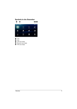 Page 9  Overview 9
Symbols in the Statusbar
1 – Time
2 – Date
3 – LAN status display
4 – Bluetooth status display
5 – WiFi status display
ab dce
LU UST_EN_US.book  Page 9  Jeudi, 11. décembre 2014  9:03 09 