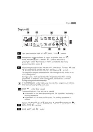 Page 1111Display
Display (9)
Spin Speed indicator, RINSE HOLD , NIGHT CYCLE - symbols
Drying degree indicator allowed by the set programme, IRON DRY  ,
CUPBOARD DRY  and EXTRA DRY  - symbols, selectable by
pressing the button 3and indicator «AUTO», connected to the drying
programme and the button 4. 
Programme progress indicator: PREWASH , MAIN WASH , RINSE , SPIN
OVERDOSAGE , DRYING  , ANTI-CREASE phase - symbols
The programme progress indicator shows the washing or drying phases of the
selected programme....