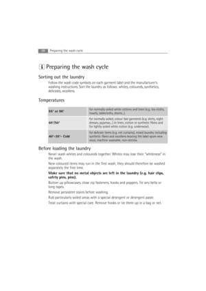 Page 28Preparing the wash cycle
Sorting out the laundry
Follow the wash code symbols on each garment label and the manufacturer’s
washing instructions. Sort the laundry as follows: whites, coloureds, synthetics,
delicates, woollens.
Temperatures
Before loading the laundry
Never wash whites and coloureds together. Whites may lose their “whiteness” in
the wash.
New coloured items may run in the first wash; they should therefore be washed
separately the first time.
Make sure that no metal objects are left in the...