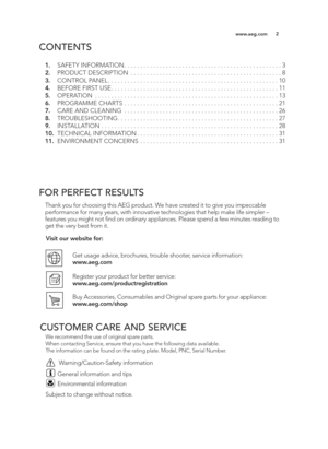 Page 22
www.a e g .c o m
\b O NTE N TS
\b.     SA FE TY IN FO RM ATIO N. . . . . . . . . . . . . . . . . . . . . . . . . . . . . . . . . . . . . . . . . . . . . . . . . 3
2.     PR O DUC T D ESC RIP TIO N . . . . . . . . . . . . . . . . . . . . . . . . . . . . . . . . . . . . . . . . . . . . . . . 8
3.     CO NTR O L P A N EL. . . . . . . . . . . . . . . . . . . . . . . . . . . . . . . . . . . . . . . . . . . . . . . . . . . . .  10
4 .     BEFO RE F IR ST  U SE . . . . . . . . . . . . . . . . . . . . . . . ....