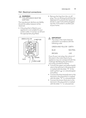 Page 3030
ww w.a e g .c o m
IM PO RTA N T
The w ir e s in  t h e m ain s le ad  a re
c o lo ure d  in  a cco rd an ce  w it h  t h e
fo llo w in g  c o d e:
G REEN  A N D Y E LLO W    E A RTH
B LU E                                  N EU TR A L
BRO W N                             L IV E
If  y o u ﬁ t y o ur o w n p lu g , t h e c o lo urs  o f
th e w ir e s in  t h e m ain s le ad  o f y o ur
ap plia n ce  m ay n o t c o rre sp ond  w it h  t h e
m ark in g s id entif y in g  t h e t e rm in als  in
y o ur p lu...