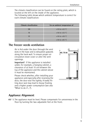 Page 9Installation
818 34 59-00/09
The climate classification can be found on the rating plate, which is 
located at the left on the inside of the appliance.
The following table shows which ambient temperature is correct for 
each climate classification:
The freezer needs ventilation
Air is fed under the door through the vent 
slots in the base and is exhausted upwards 
along the back wall. To ensure proper air 
circulation never cover or alter the vent 
openings.
Important!  If the appliance is installed...