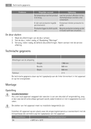 Page 12ProbleemMogelijke oorzaakOplossing
 De temperatuur van het product
is te hoog.Laat het product afkoelen tot ka-
mertemperatuur voordat u het
conserveert.
 Er zijn veel producten tegelijk
geconserveerd.Conserveer minder producten te-
gelijk.
 Producten liggen te dicht op elk-
aar.Berg de producten zodanig op dat
er koude lucht kan circuleren.
De deur sluiten
1. Maak de afdichtingen van de deur schoon.
2. Stel de deur, indien nodig, af. Raadpleeg Montage.
3. Vervang, indien nodig, de defecte...