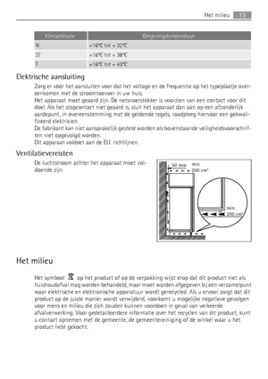 Page 13KlimaatklasseOmgevingstemperatuur
N+16°C tot + 32°C
ST+16°C tot + 38°C
T+16°C tot + 43°C
Elektrische aansluiting
Zorg er vóór het aansluiten voor dat het voltage en de frequentie op het typeplaatje over-
eenkomen met de stroomtoevoer in uw huis.
Het apparaat moet geaard zijn. De netsnoerstekker is voorzien van een contact voor dit
doel. Als het stopcontact niet geaard is, sluit het apparaat dan aan op een afzonderlijk
aardepunt, in overeenstemming met de geldende regels, raadpleeg hiervoor een gekwali-...