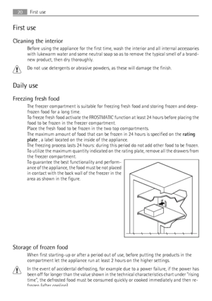 Page 20First use
Cleaning the interior
Before using the appliance for the first time, wash the interior and all internal accessories
with lukewarm water and some neutral soap so as to remove the typical smell of a brand-
new product, then dry thoroughly.
Do not use detergents or abrasive powders, as these will damage the finish.
Daily use
Freezing fresh food
The freezer compartment is suitable for freezing fresh food and storing frozen and deep-
frozen food for a long time.
To freeze fresh food activate the...