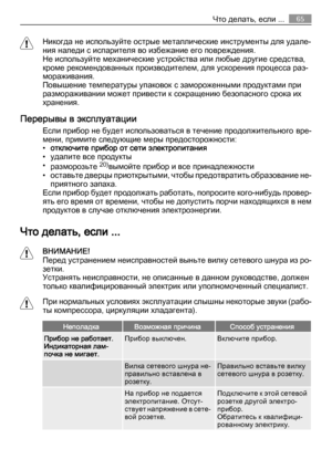 Page 65Никогда не используйте острые металлические инструменты для удале‐
ния наледи с испарителя во избежание его повреждения.
Не используйте механические устройства или любые другие средства,
кроме рекомендованных производителем, для ускорения процесса раз‐
мораживания.
Повышение температуры упаковок с замороженными продуктами при
размораживании может привести к сокращению безопасного срока их
хранения.
Перерывы в эксплуатации
Если прибор не будет использоваться в течение продолжительного вре‐
мени, примите...